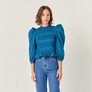 English Factory SMOCKING DETAIL PUFF SLEEVE POPLIN BLOUSE